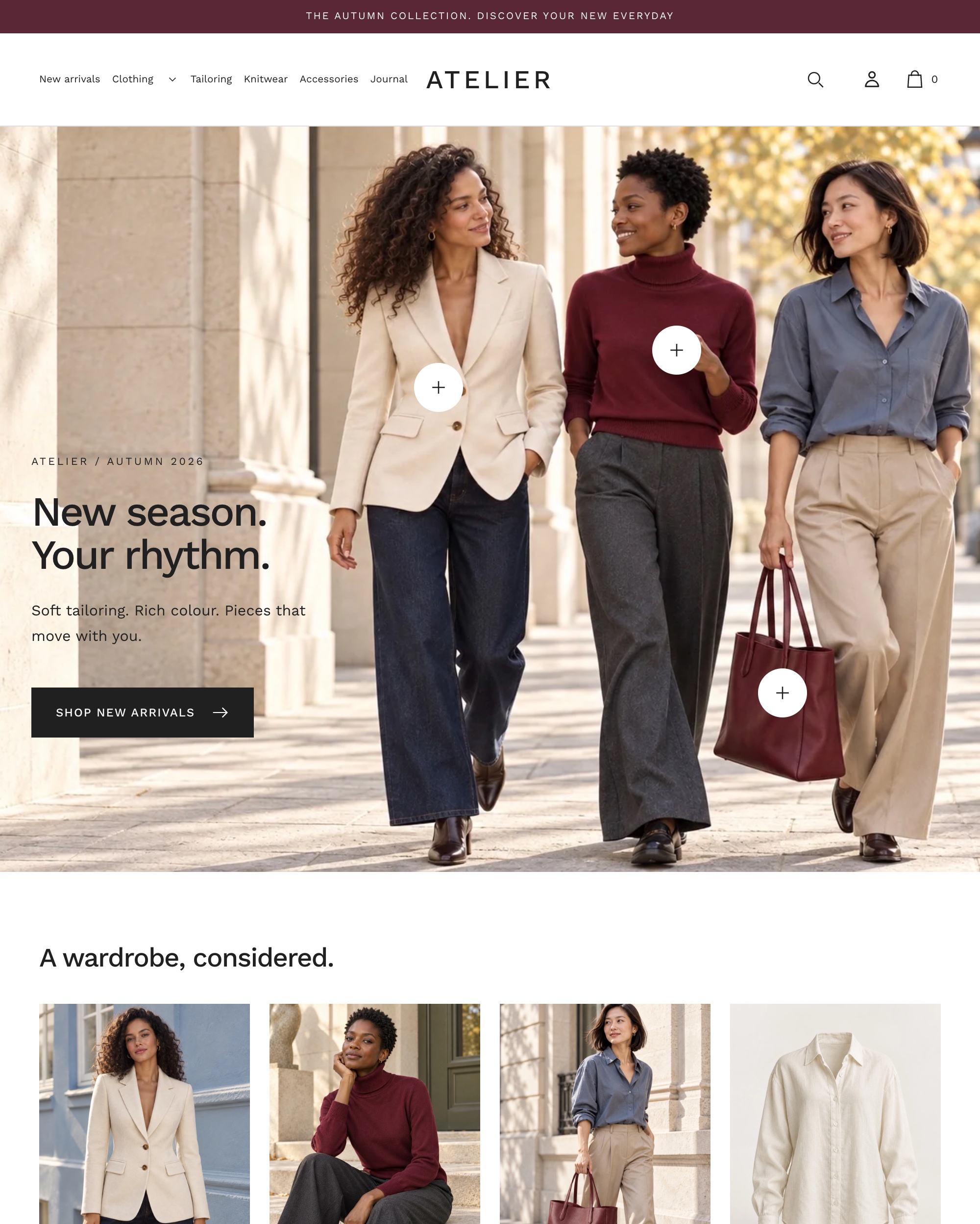 Atalanta desktop storefront preview with its fashion campaign, centered header and product hotspots